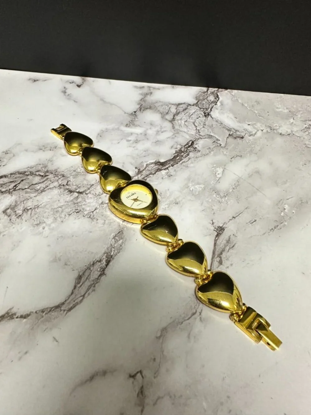 Vintage Heart Watch Women Gold Tone White Dial Chunky Statement 6.75